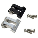 The TC Bros. Gauge Relocation Bracket for Pro Series Truss Risers includes one silver and one black metal clamp with knurled screw mechanisms, plus four screws—perfect for mounting your motorcycle gauge.
