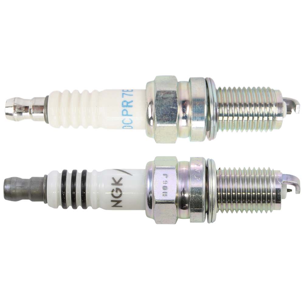Side view of two NGK Spark Plug for Harley-Davidson Twin Cam and Sportster Evolution units featuring threaded metal bodies and white ceramic insulators.