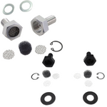 Various metal and plastic hardware, including bolts, washers, mesh screens, retaining rings, and gaskets—such as TC Bros. Breather Bolts for Harley-Davidson Twin Cam—are displayed on a white background.