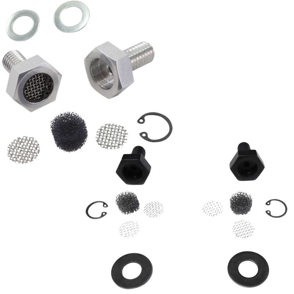 Various metal and plastic hardware, including bolts, washers, mesh screens, retaining rings, and gaskets—such as TC Bros. Breather Bolts for Harley-Davidson Twin Cam—are displayed on a white background.