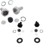 Various metal and plastic hardware, including bolts, washers, mesh screens, retaining rings, and gaskets—such as TC Bros. Breather Bolts for Harley-Davidson Twin Cam—are displayed on a white background.