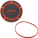 A round black and red James Gaskets Derby Cover Gasket, along with an orange rubber O-ring, both displayed on a white background—perfect for use as a primary chaincase gasket or derby cover seal on your 2006-2017 Harley-Davidson Big Twin.