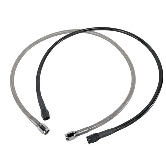 Two Goodridge Universal AN-Type Brake Lines—one silver, one black—with stainless steel braided hoses and threaded connectors are coiled together on a white background, suitable for hydraulic and brake fluid applications.