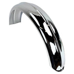 The Moto Iron® 5" Wide Raw Steel Ribbed Bobber Fender in chrome, slightly curved, shines brilliantly against a plain white background.