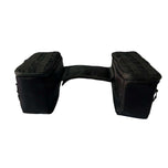 Introducing the Speedwell Cutaway Saddlebags for Harley Sportsters, M8 Softail, and Dyna—an elegant black saddlebag featuring dual compartments with stitched detailing and handles on each side. Expertly designed to straddle over the back of a motorcycle seat, it&