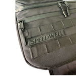 Introducing the Speedwell Cutaway Saddlebags for Harley Sportsters, M8 Softail, and Dyna—an elegant black saddlebag featuring dual compartments with stitched detailing and handles on each side. Expertly designed to straddle over the back of a motorcycle seat, it's the perfect accessory for your ride.