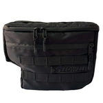 Introducing the Speedwell Cutaway Saddlebags for Harley Sportsters, M8 Softail, and Dyna—an elegant black saddlebag featuring dual compartments with stitched detailing and handles on each side. Expertly designed to straddle over the back of a motorcycle seat, it's the perfect accessory for your ride.