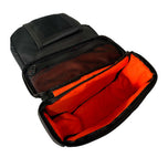 Introducing the Speedwell Cutaway Saddlebags for Harley Sportsters, M8 Softail, and Dyna—an elegant black saddlebag featuring dual compartments with stitched detailing and handles on each side. Expertly designed to straddle over the back of a motorcycle seat, it&
