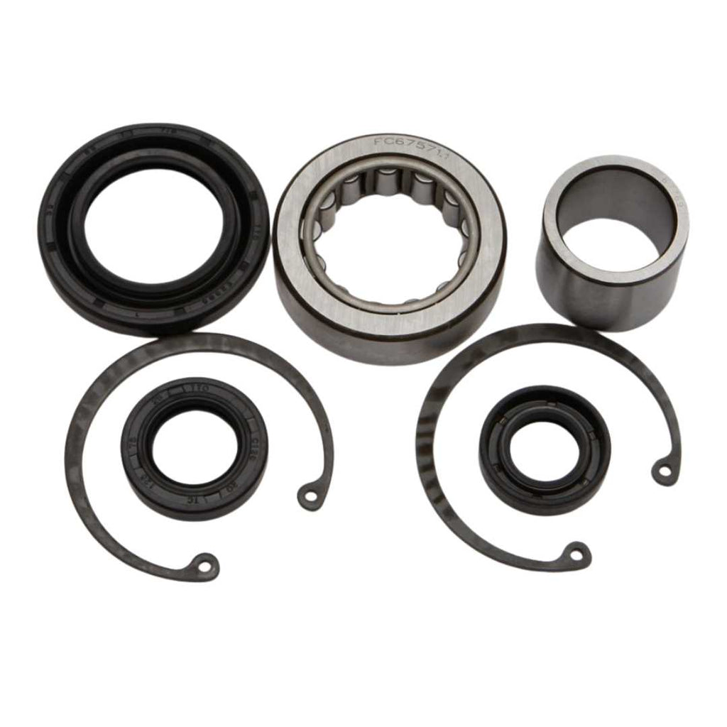 Various All Balls mechanical bearings including an inner primary bearing and retaining clips arranged on a light background, suitable for FXD Softail models.