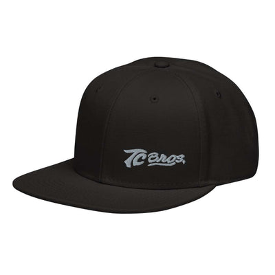 Black Script Flat Bill Snapback Hat with a TC Bros. logo on the front, printed on demand.