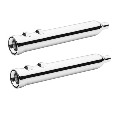 Polished Cobra exhaust Neighbor Hater Slip On Mufflers - Chrome for '95-'16 Bagger isolated on a white background.