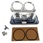 Two TC Bros. Pro Series Gauge Relocation Bezels for 2014-2023 Harley-Davidson Road Glide are shown—machined billet aluminum with dual circular openings—in matte black and polished silver, against a white background.