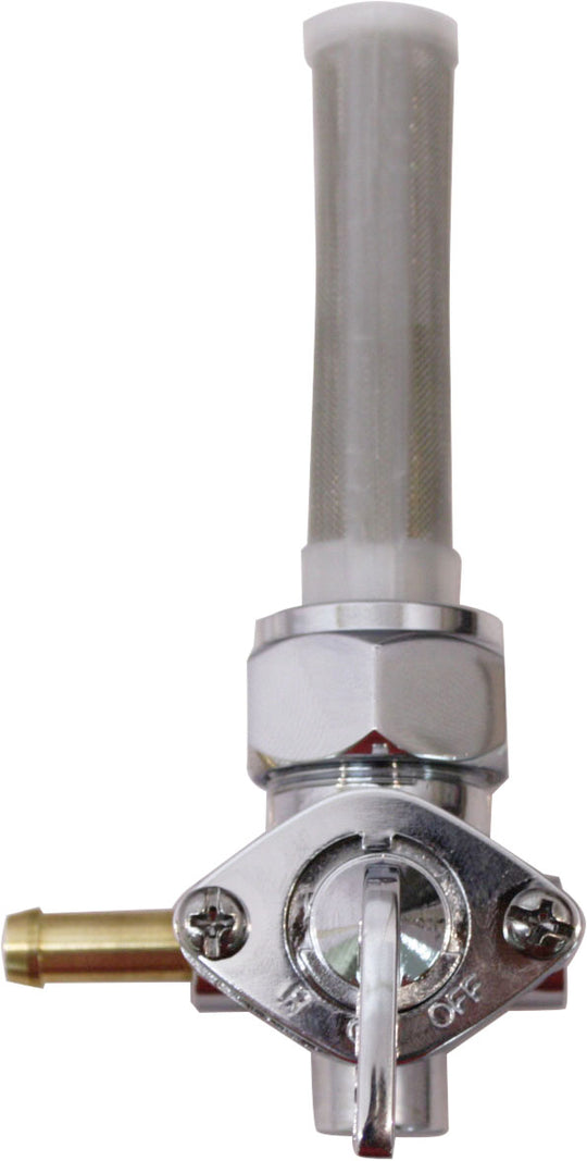 An image of a Moto Iron® Left Side Spigot 13/16" Female Fuel Valve Petcock with a brass handle and chrome finish.