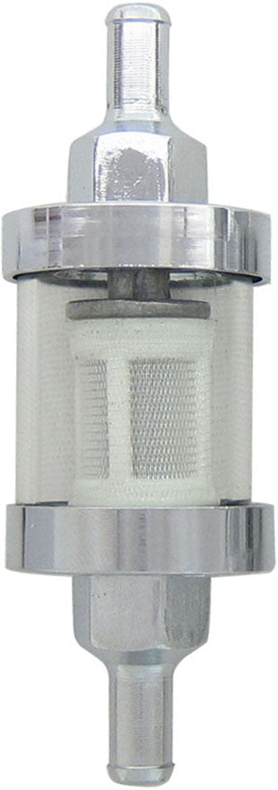The Drag Specialties Moto Iron 1/4" Inline Glass Mini Fuel Filter features a transparent glass body, metal ends, 1/4" barb fittings, and a visible white filter element for superior carburetor protection.