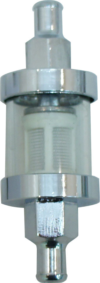 The Moto Iron® Inline Glass Mini Fuel Filter, made of metal and plastic with 5/16" barb fittings, features a transparent body and mesh filter for carburetor protection. It is shown against a white background with a shadow below.