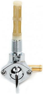 A white and gold 1/4" Petcock Fuel Valve - 90 Degree - Chrome with NPT threads on a Drag Specialties background.