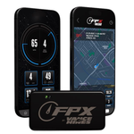 Two smartphones displaying motorcycle performance data and a map, positioned behind a Vance and Hines FPX Trak & Tune Tuner for 2007-2013 Harley-Davidson—Red 4-pin J1850 Bus Data Port Connector.