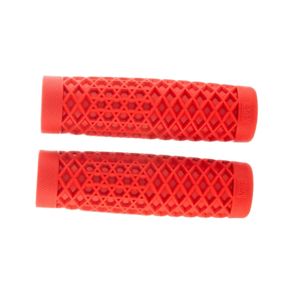 ODI Vans and Cult Grips for 1" handlebars feature a waffle pattern and come in black, brown, maroon, and orange. Textured rubber grips inspired by the Vans x CULT design are arranged on a white surface.