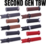 Nine Hart-Luck Lock-on Grips by ODI for Harley-Davidson First Gen Throttle-By-Wire motorcycles, shown in black with assorted colored end caps on a white background, labeled "FIRST GEN TBW" in bold black text.