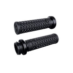 A selection of ODI Vans Lock-on Grips for Harley-Davidson First Generation Throttle-By-Wire motorcycles in brown, black, and red, featuring ODI grip technology and arranged in three columns.