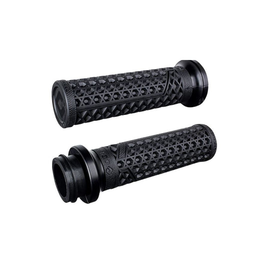 A selection of ODI Vans Lock-on Grips for Harley-Davidson First Generation Throttle-By-Wire motorcycles in brown, black, and red, featuring ODI grip technology and arranged in three columns.