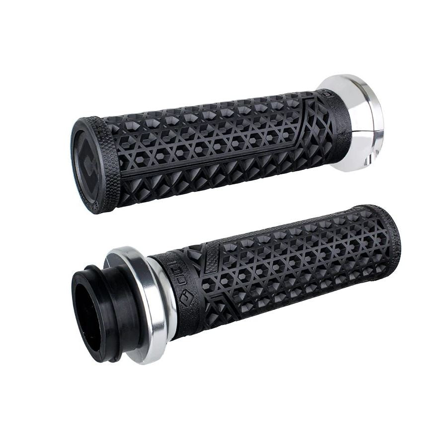 A pair of black ODI Lock-On V-Twin Grips For Harley - Throttle By Wire - Black/Silver on a white background.