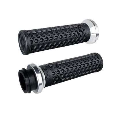 Twelve Vans Lock-on Grips for Harley-Davidson TBW by ODI, in brown, black, and red with assorted end caps, are arranged in four rows of three and feature ODI grip technology for superior comfort and control.