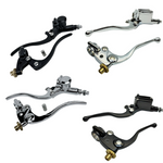 Four Moto Iron® 1″ Handlebar Controls Kits (Master Cylinder and Clutch Lever) for Harley are shown in chrome and black with bold "VINTAGE OR DECO • BLACK OR CHROME." Perfect match for your Harley, from Moto Iron®.