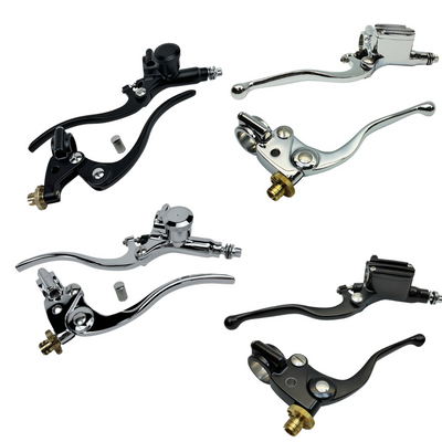 Four Moto Iron® 1″ Handlebar Controls Kits (Master Cylinder and Clutch Lever) for Harley are shown in chrome and black with bold "VINTAGE OR DECO • BLACK OR CHROME." Perfect match for your Harley, from Moto Iron®.