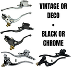 Four Moto Iron® 1″ Handlebar Controls Kits (Master Cylinder and Clutch Lever) for Harley are shown in chrome and black with bold "VINTAGE OR DECO • BLACK OR CHROME." Perfect match for your Harley, from Moto Iron®.