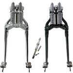 Two Moto Iron® Vintage Springer Front Ends for Harley-Davidson frames with 1" neck are shown side by side, one silver and one black with hardware—perfect for vintage or custom Knuck-era builds.