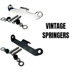 TC Bros. Headlight Mounting Bracket for Springer Front Ends (Vintage) includes chrome and black metal brackets plus hardware—ideal for springer headlight installation. Shown on white with "VINTAGE SPRINGERS" text. TC Bros. quality.