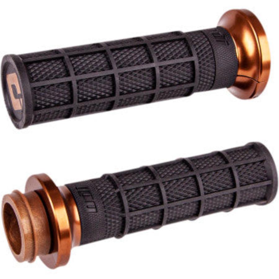 ODI's Waffle Lock-On V-Twin Grips for Harley - Cable Throttle in Black/Bronze featuring a textured surface and end caps, displayed from two angles.