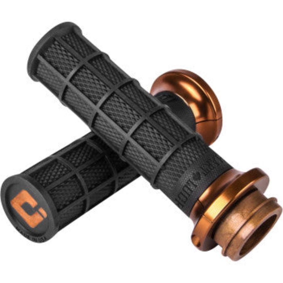 ODI's Waffle Lock-On V-Twin Grips for Harley - Cable Throttle in Black/Bronze featuring a textured surface and end caps, displayed from two angles.