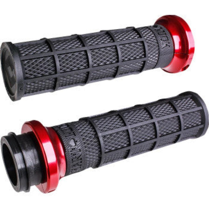 The Waffle Lock-On V-Twin Grips for Harley by ODI feature cable throttle compatibility and a stylish black and red design with textured surfaces, providing both style and comfort.