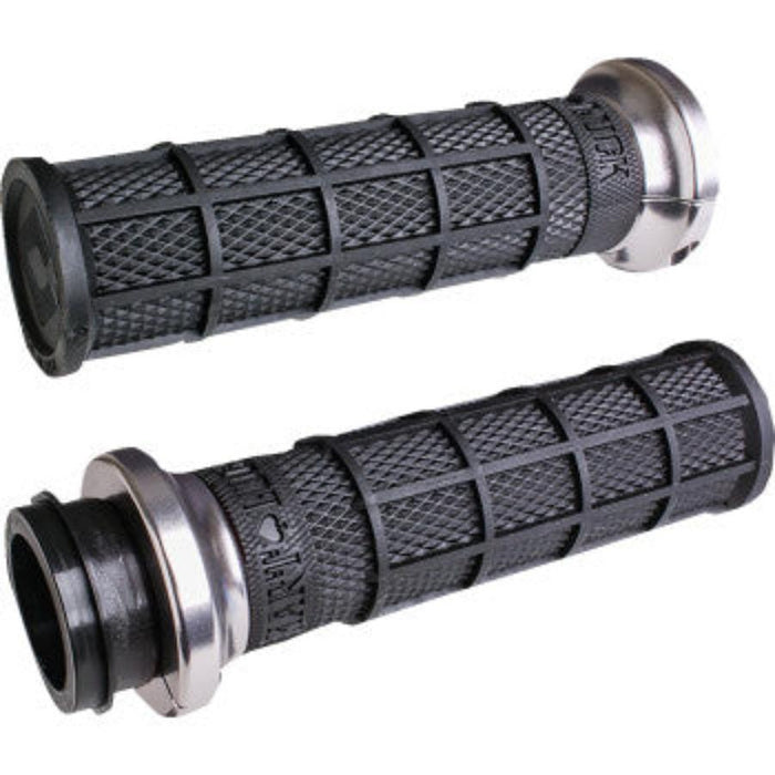 A pair of ODI Waffle Lock-On V-Twin Grips for Harley with cable throttle in black and silver, featuring a textured design and metallic ends, displayed from multiple angles.