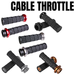 Six pairs of ODI Hart-Luck Lock-on Grips for Harley-Davidson cable throttle, each featuring black textured grips with different colored end rings, are displayed below large "CABLE THROTTLE" text.