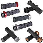 Seven pairs of ODI Hart-Luck Lock-on Grips for Harley-Davidson Cable Throttle, featuring black textured MX-style full-waffle handles with end caps in red, black, silver, or bronze—also suitable for bicycles.