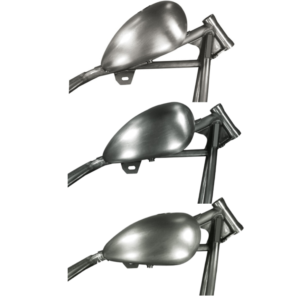 A Mid-USA 2 Gallon Wassell-Style Peanut Gas Tank in matte silver, teardrop-shaped with an open cap hole on top, is photographed against a white background.