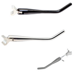 Three TC Bros. Weld-On Kick Stands, displayed vertically against a white background, show different handle colors and subtle design variations—each uniquely detailed like custom motorcycle parts from TC Bros.