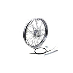The Wyatt Gatling 21" Chopper Chrome Front Wheel With Brake by Wyatt Gatling includes spokes, a rim, a cable, a wrench, and small hardware pieces, all displayed on a white background.