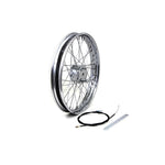The Wyatt Gatling 21" Chopper Chrome Front Wheel With Brake by Wyatt Gatling includes spokes, a rim, a cable, a wrench, and small hardware pieces, all displayed on a white background.