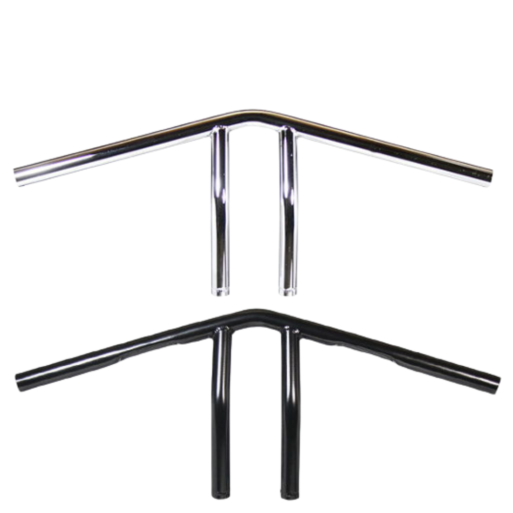The TC Bros. 1" Whiskey Handlebar features a chrome finish with a raised center and two vertical grips, echoing classic Harley Davidson style, shown here against a white background.