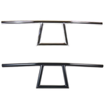 Two TC Bros. 1" Window Handlebars, one chrome and one black, featuring a distinctive rectangular center design inspired by TC Bros. Harley-Davidson styles, are displayed on a white background.