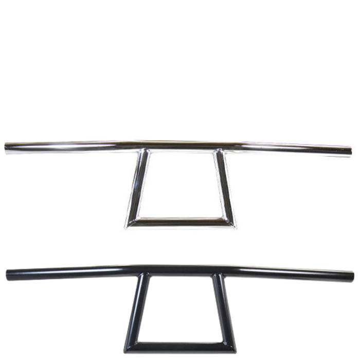 Two TC Bros. 1" Window Handlebars, one chrome and one black, featuring a distinctive rectangular center design inspired by TC Bros. Harley-Davidson styles, are displayed on a white background.