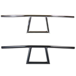 Two TC Bros. 1" Window Handlebars, one chrome and one black, featuring a distinctive rectangular center design inspired by TC Bros. Harley-Davidson styles, are displayed on a white background.