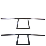 Two TC Bros. 1" Window Handlebars, one chrome and one black, featuring a distinctive rectangular center design inspired by TC Bros. Harley-Davidson styles, are displayed on a white background.