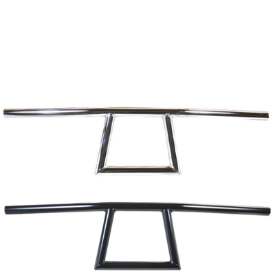 Two TC Bros. 1" Window Handlebars, one chrome and one black, featuring a distinctive rectangular center design inspired by TC Bros. Harley-Davidson styles, are displayed on a white background.