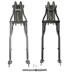 An image of a high-quality Moto Iron® Wishbone Springer Front End +6" Length Chrome fits Dyna 1991-17 & Sportster 04-up on a motorcycle with a metal frame.