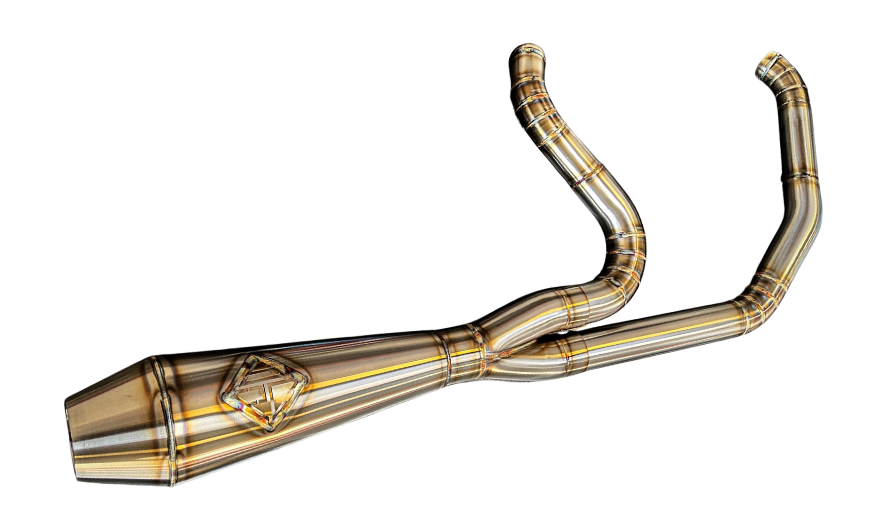 The SP Concepts Exhaust System for 1999-2005 Harley-Davidson Dyna is shown in black and silver, with an installed stainless steel version pictured below. Ideal for upgrading your Harley’s exhaust with SP Concepts style and quality.